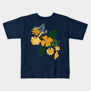 Botanical Pattern Orange and Yellow on Blue Kids T-Shirt